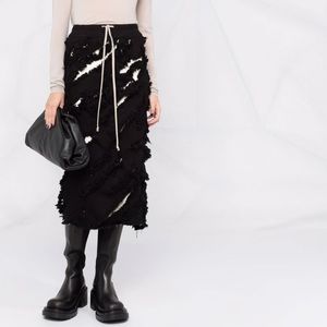 Rick Owens Black Fogachine Distressed Midi Skirt